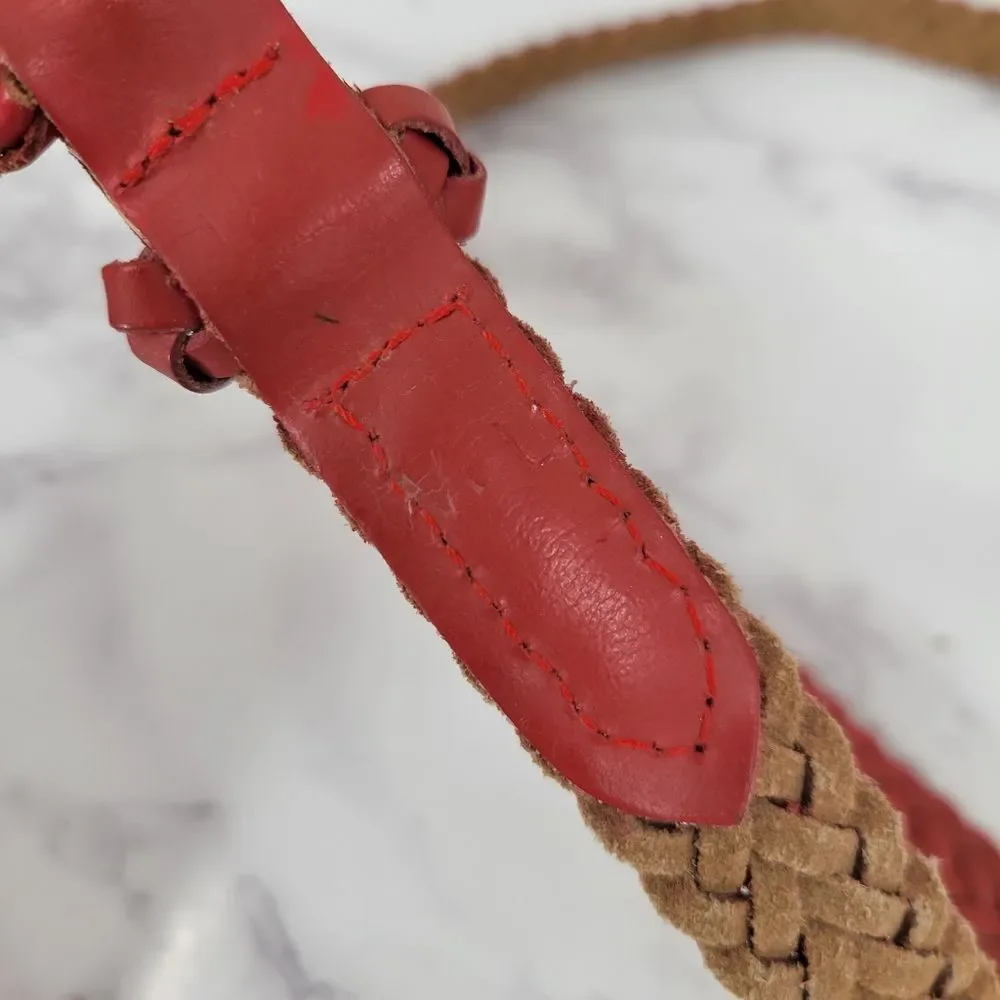 Vintage Braided Woven Coral Red Leather Belt Boho Slender Slim